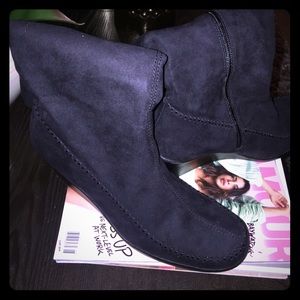 Knee High Black Suede Wedge Heel Boots